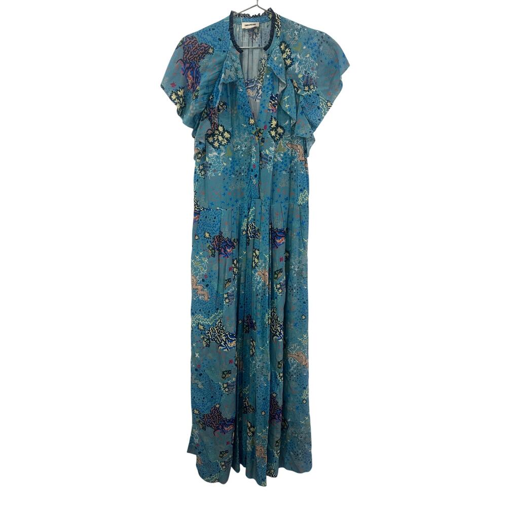 Zadig & Voltaire Ruskie Glam Flutter Cap Ruffle Maxi Dress Blue Women's Size S